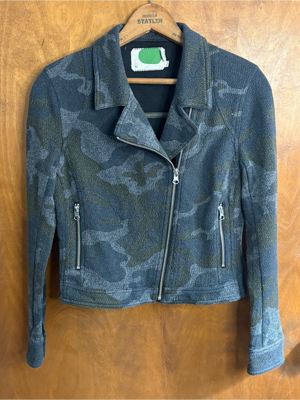 Anthropologie Green Camo Print Moto Zip Up Jacket Boxy Grunge Goth Rockabilly